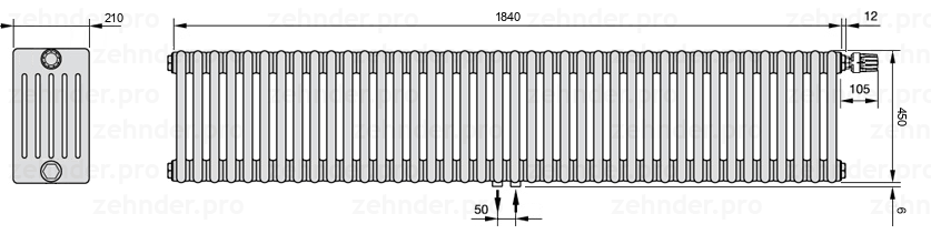 Схема (чертеж) Радиатор Zehnder Charleston 6045/40 №V008 Белый глянцевый RAL 9016